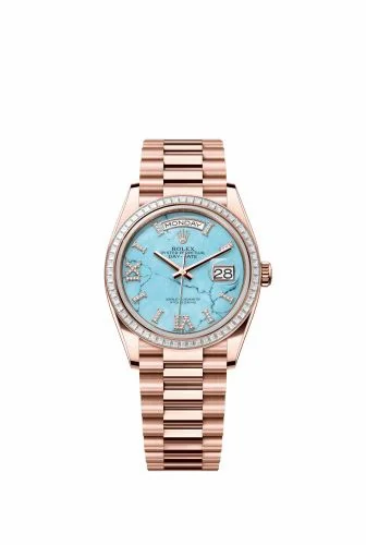 Rolex Day-Date 36 Everose Gold - Baguette / Turquoise / President - Diamond 128395TBR-0018 (128395tbr-0018)